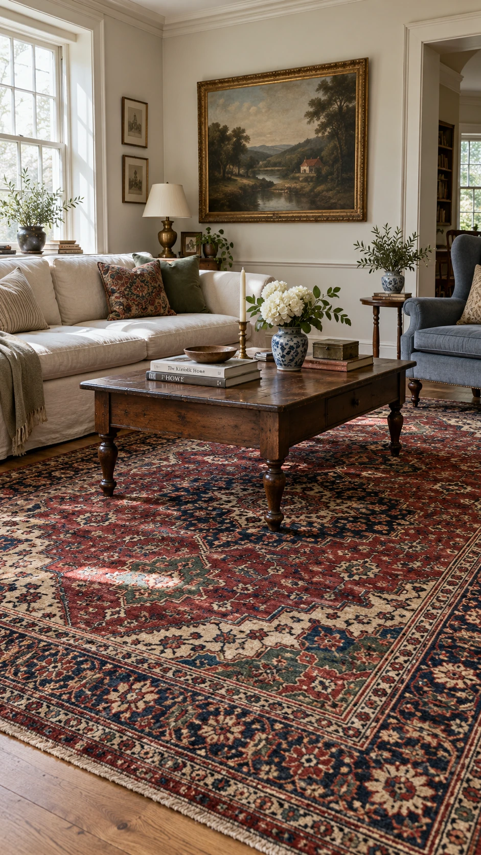 Large Persian medallion rug in burgundy and navy anchoring a traditionally furnished living room with pale hardwood floors — the hallmark of old money home decor