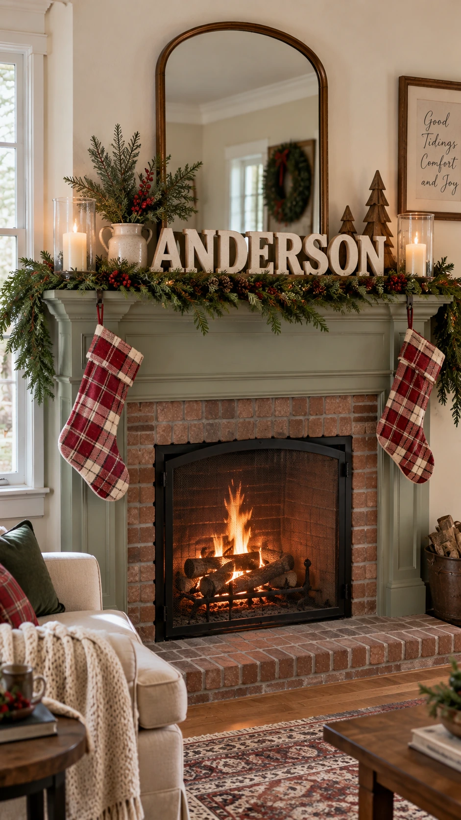 Fireplace mantel with large wooden letters spelling a family surname centered between white pillar candles, red berry stems, and fresh evergreen sprigs for Christmas decor