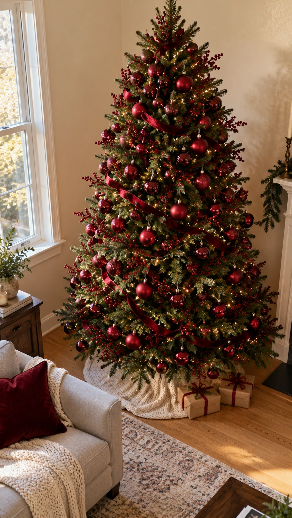 Full Christmas tree decorated in deep burgundy red ornaments, ribbons, and berry clusters in a real living room corner, demonstrating single anchor color styling
