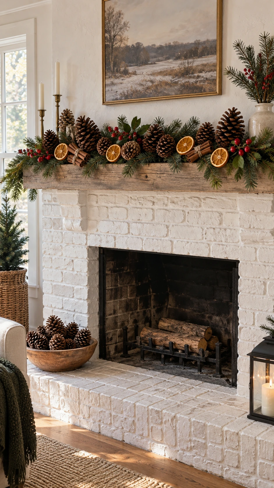 Brick fireplace mantel styled with pinecone clusters, fresh evergreen branches, and dried orange slices for natural Christmas fireplace decor