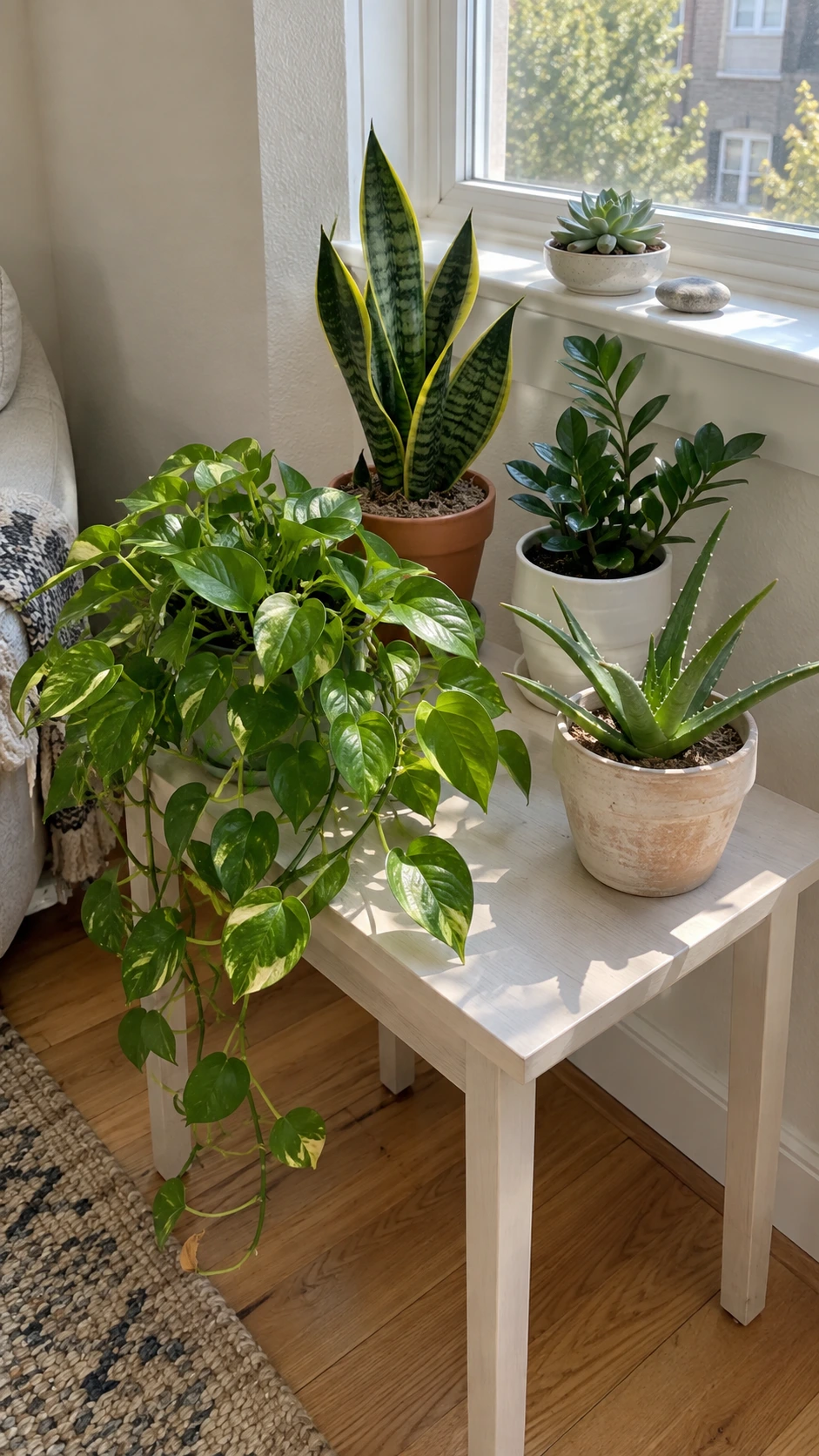 Thriving pothos with trailing vines styled on a white wooden side table beneath a bright windowsill in an Airbnb living space — easy-care Airbnb decor that always looks lush