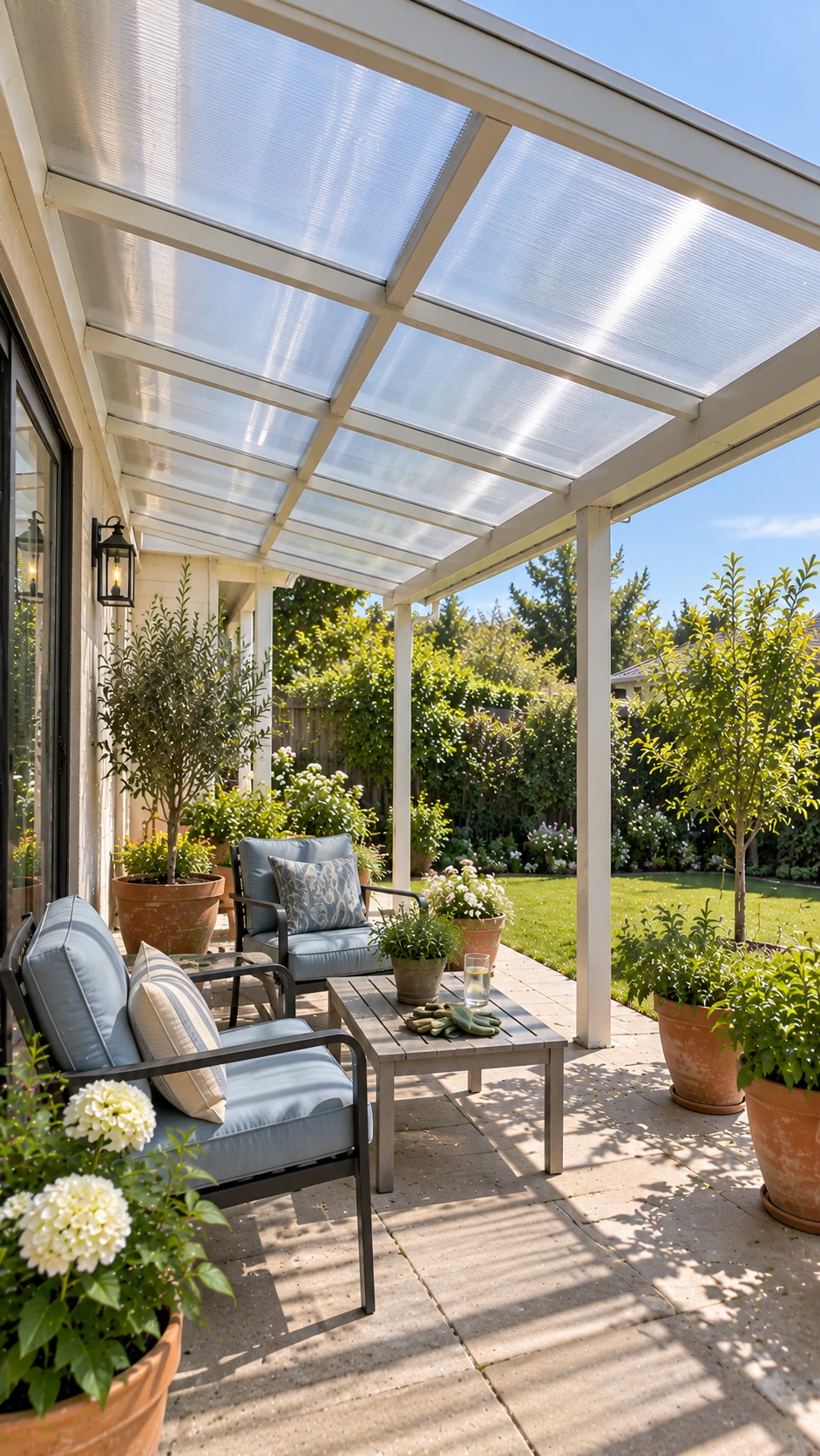 A translucent polycarbonate patio cover softens harsh sun over backyard seating, showcasing practical patio shade ideas.