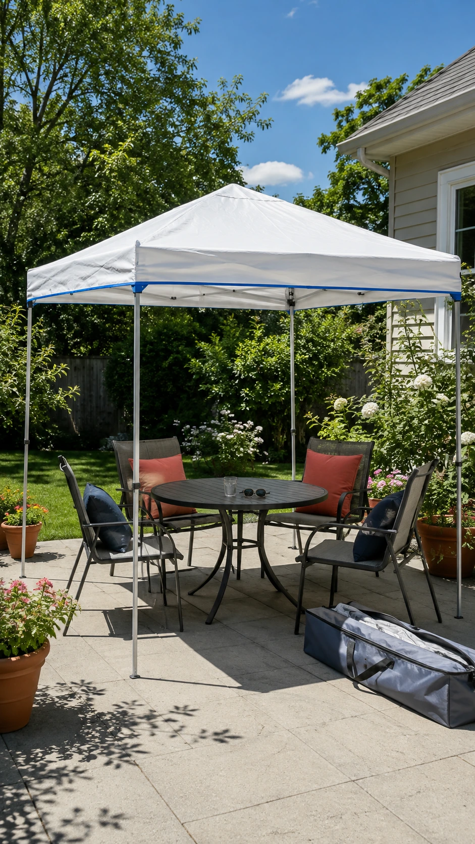 White pop-up canopy shading a round backyard dining table, a practical pick among patio shade ideas for quick summer cover