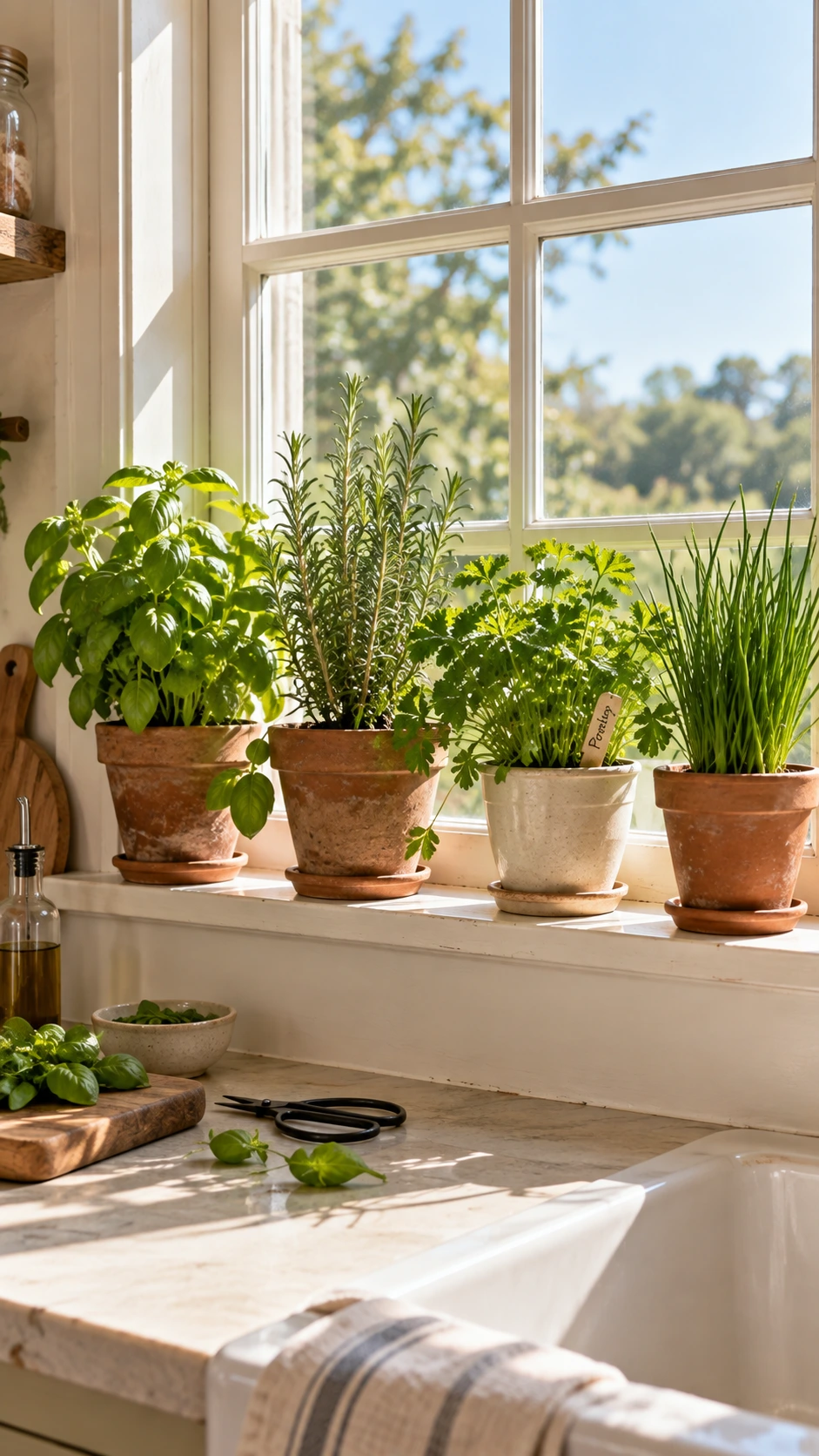 Sun-filled kitchen windowsill with a row of terracotta and ceramic pots holding fresh basil and rosemary, a charming farmhouse herb garden that brings life to any kitchen