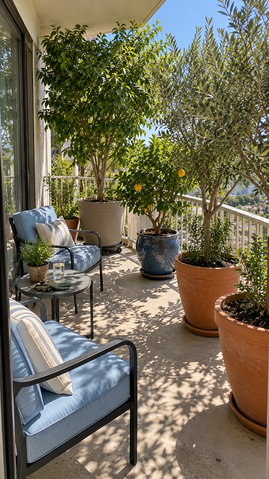 Mature potted olive trees in terracotta pots shade a small apartment balcony seating area, showing renter-friendly patio shade ideas