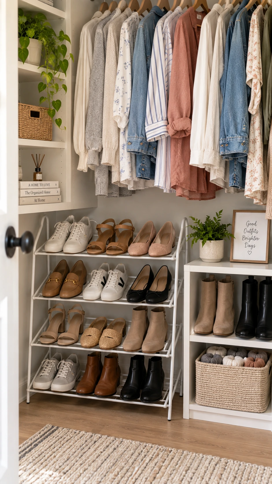 A bright bedroom closet with a slim white shoe rack and open shelf holding neatly paired sneakers, flats, boots, and sandals — every pair easy to see and grab