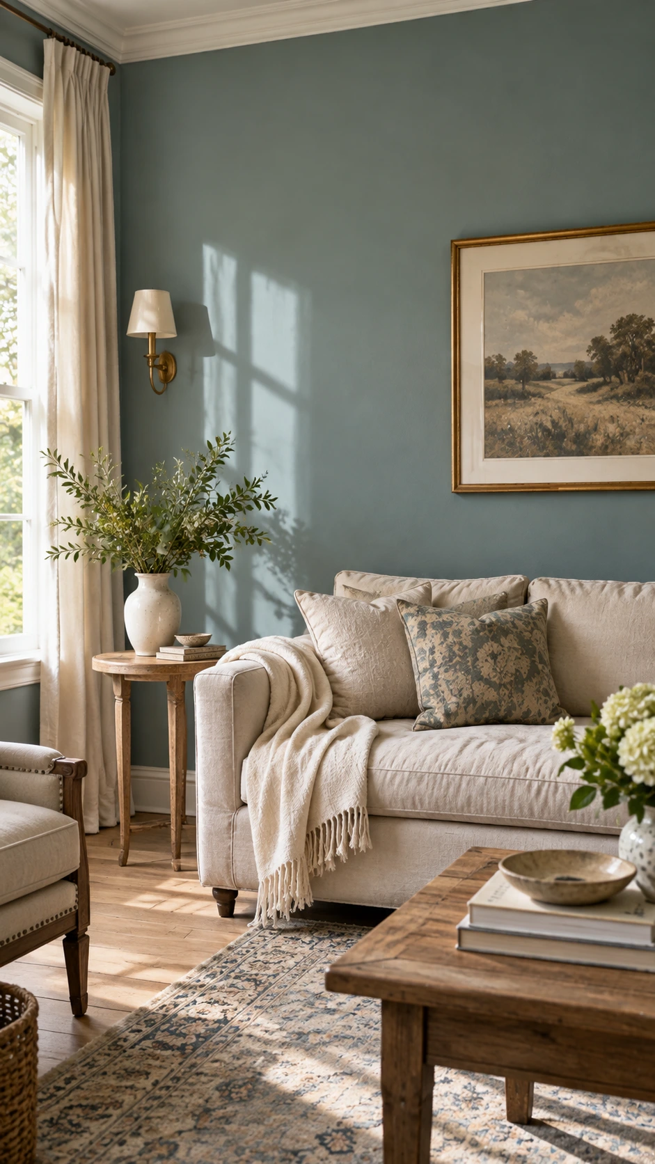 Residential living room with dusty blue-green muted walls in natural daylight, showcasing the understated old money home decor palette that feels timeless and refined