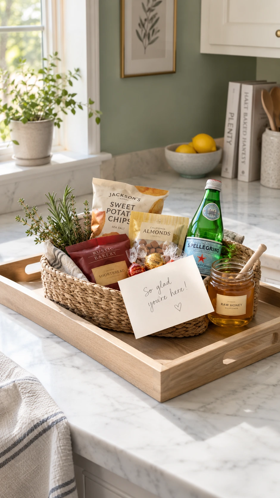 Light wooden tray on marble countertop with Airbnb welcome basket holding local snacks, honey jar with wooden dipper, and wrapped chocolates near bright kitchen window