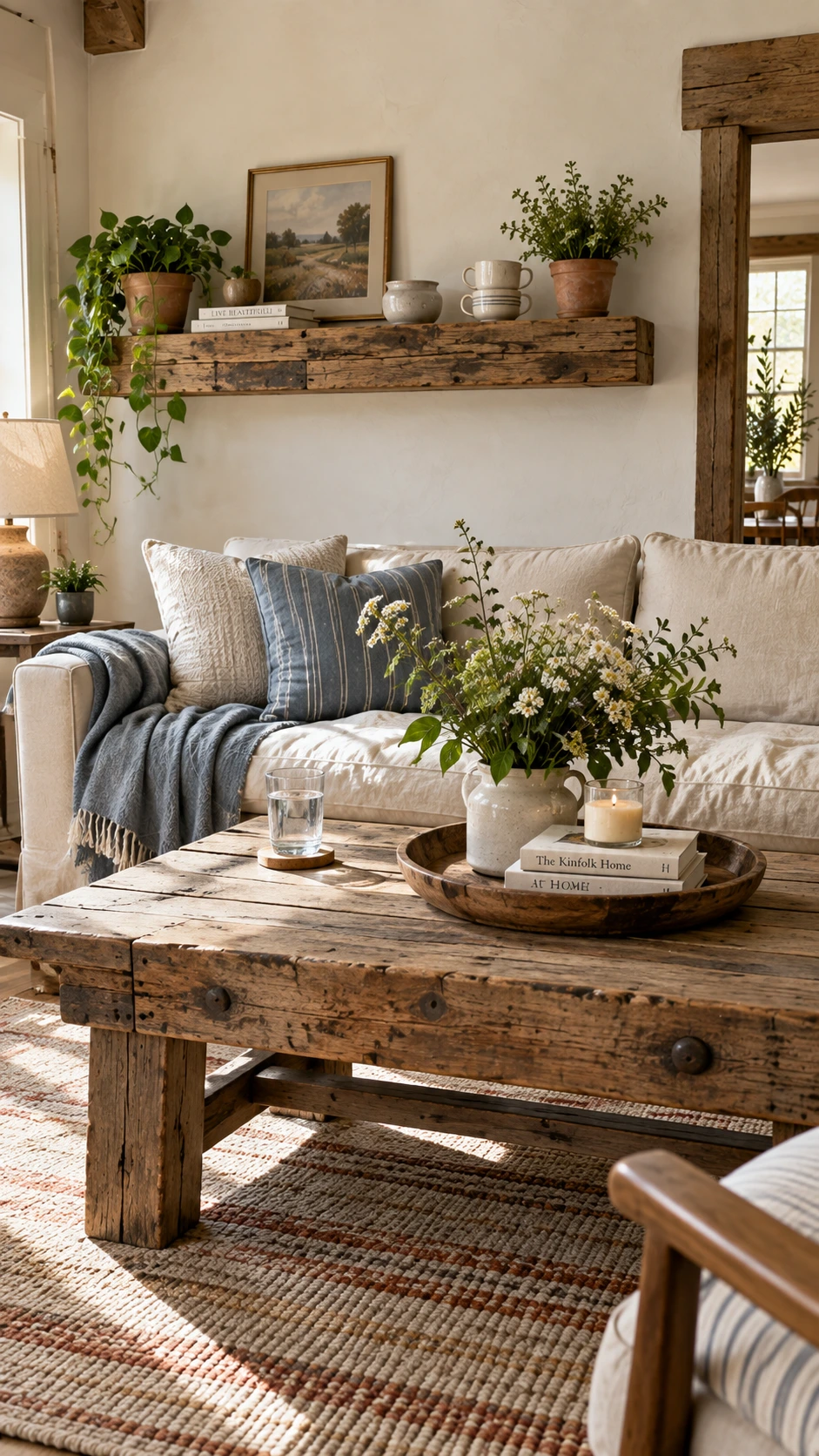 Reclaimed wood coffee table with visible knots, nail holes, and weathered grain as the centerpiece of a cozy farmhouse living room