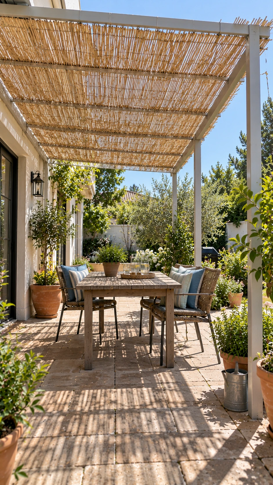 Reed mats tied across a simple backyard frame filter daylight, showing Patio Shade Ideas with an easy natural cover.