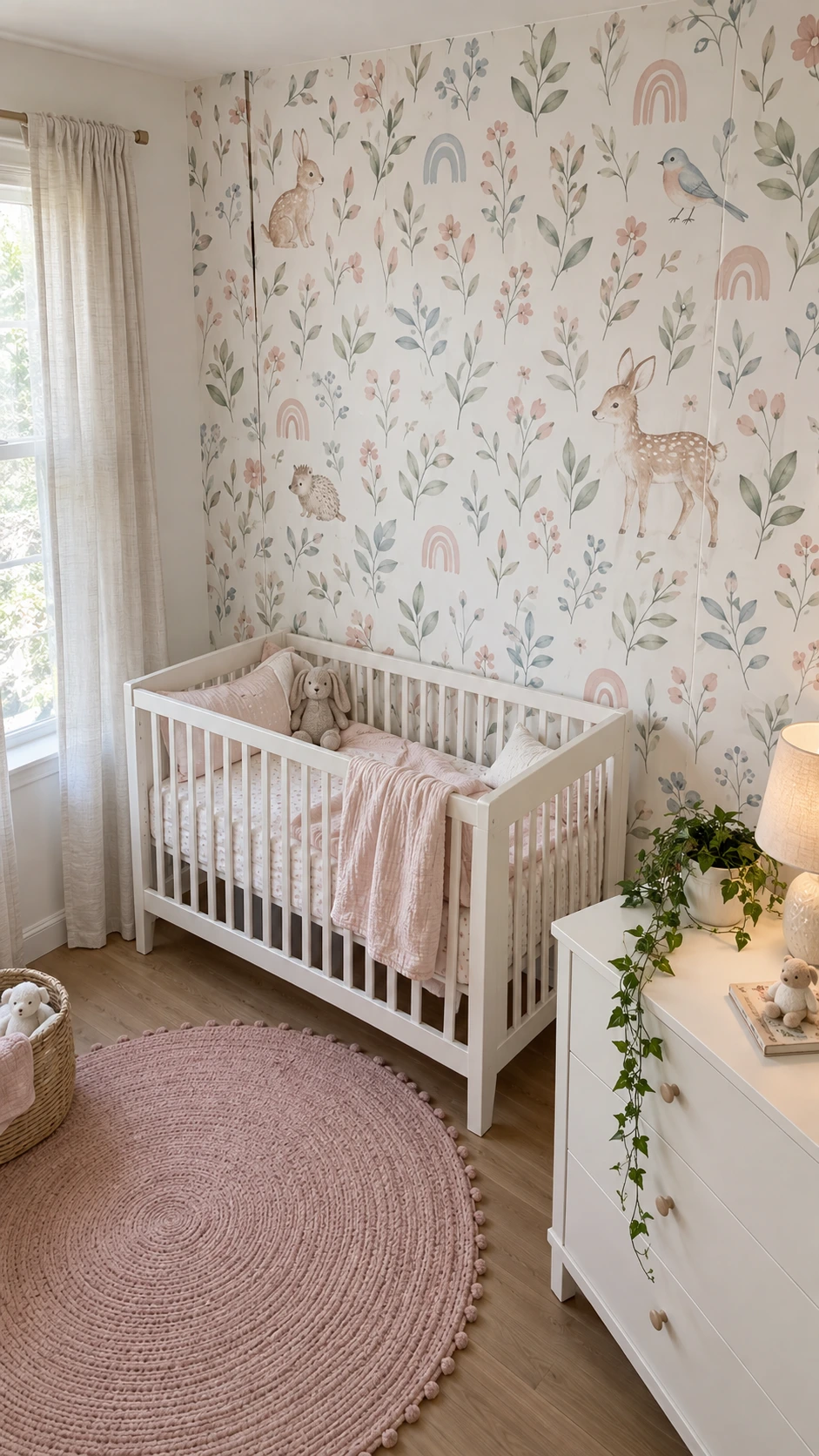 Nursery accent wall with peel-and-stick removable wallpaper in dusty rose, sky blue, and sage botanical print behind a white wooden crib
