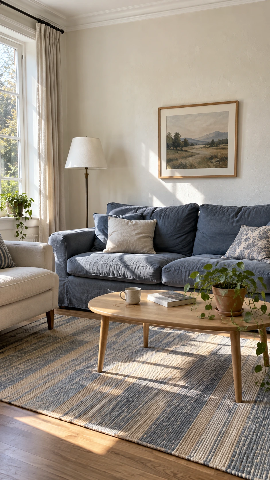 Naturally lit sitting room with warm off-white plaster walls and loose-cushioned seating showing old money home decor that feels lived-in rather than staged