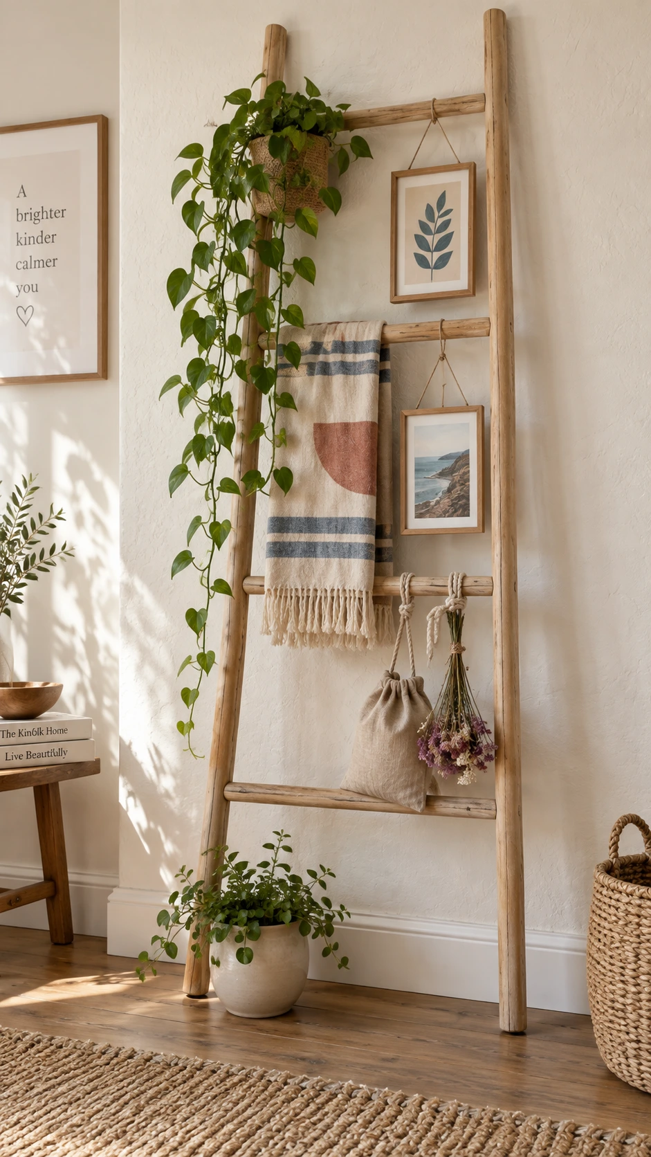 A wooden ladder leaning against a warm white wall displays hanging decor including small framed prints, a geometric woven textile, and a trailing green plant