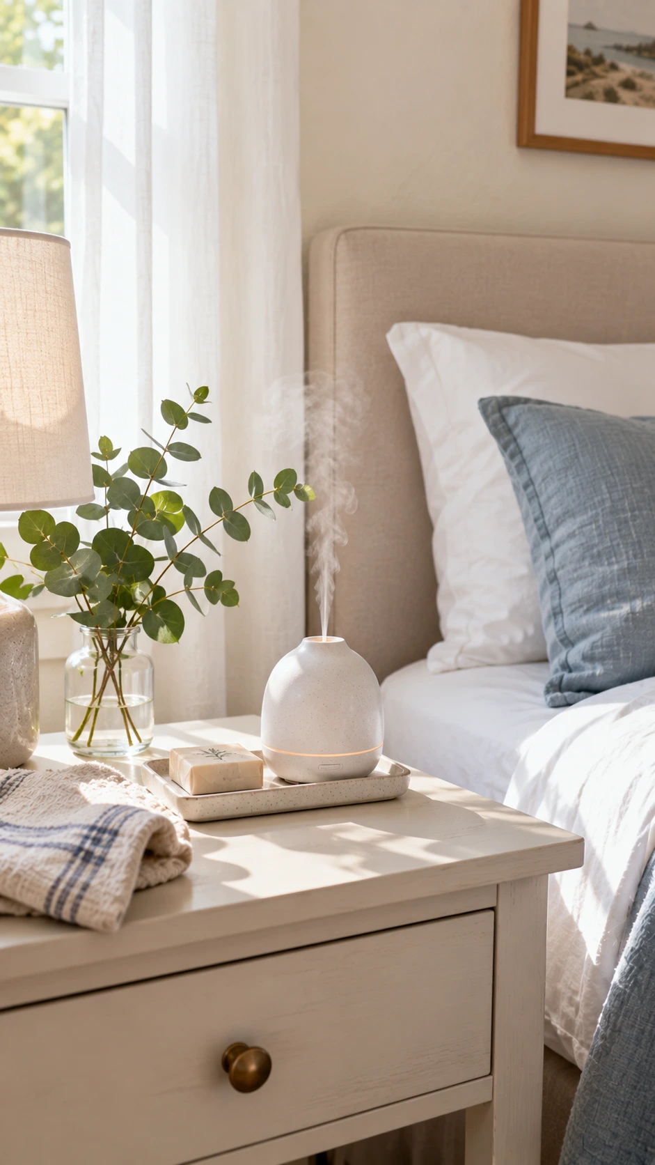 Small white ceramic diffuser releasing soft steam on a light wood Airbnb nightstand, styled with fresh eucalyptus and folded linen for a clean subtle scent