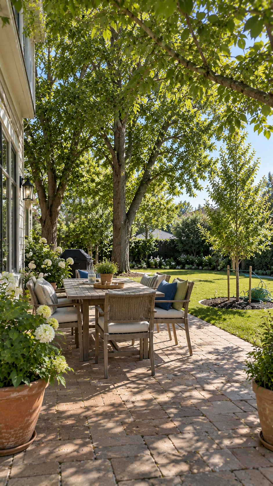 Patio Shade Ideas with mature trees cooling a paved dining area and a young tree planted nearby for future shade