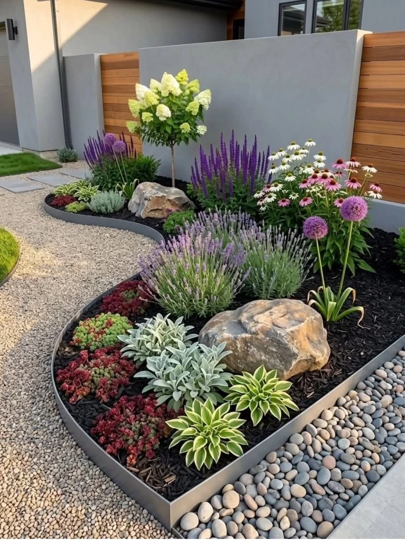 7- Shape Curved Beds with Colorful Plants