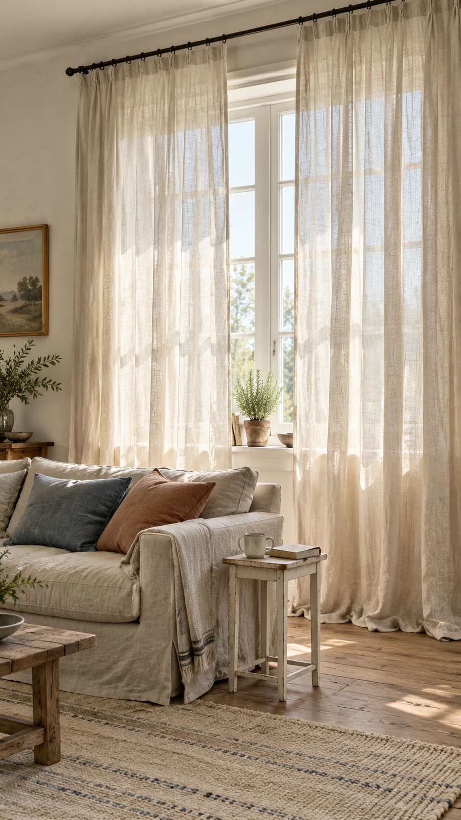 Floor-to-ceiling sheer linen curtains in warm undyed wheat tones hang from a ceiling-mounted iron rod, pooling softly on wood plank floors in a sun-filled farmhouse living room