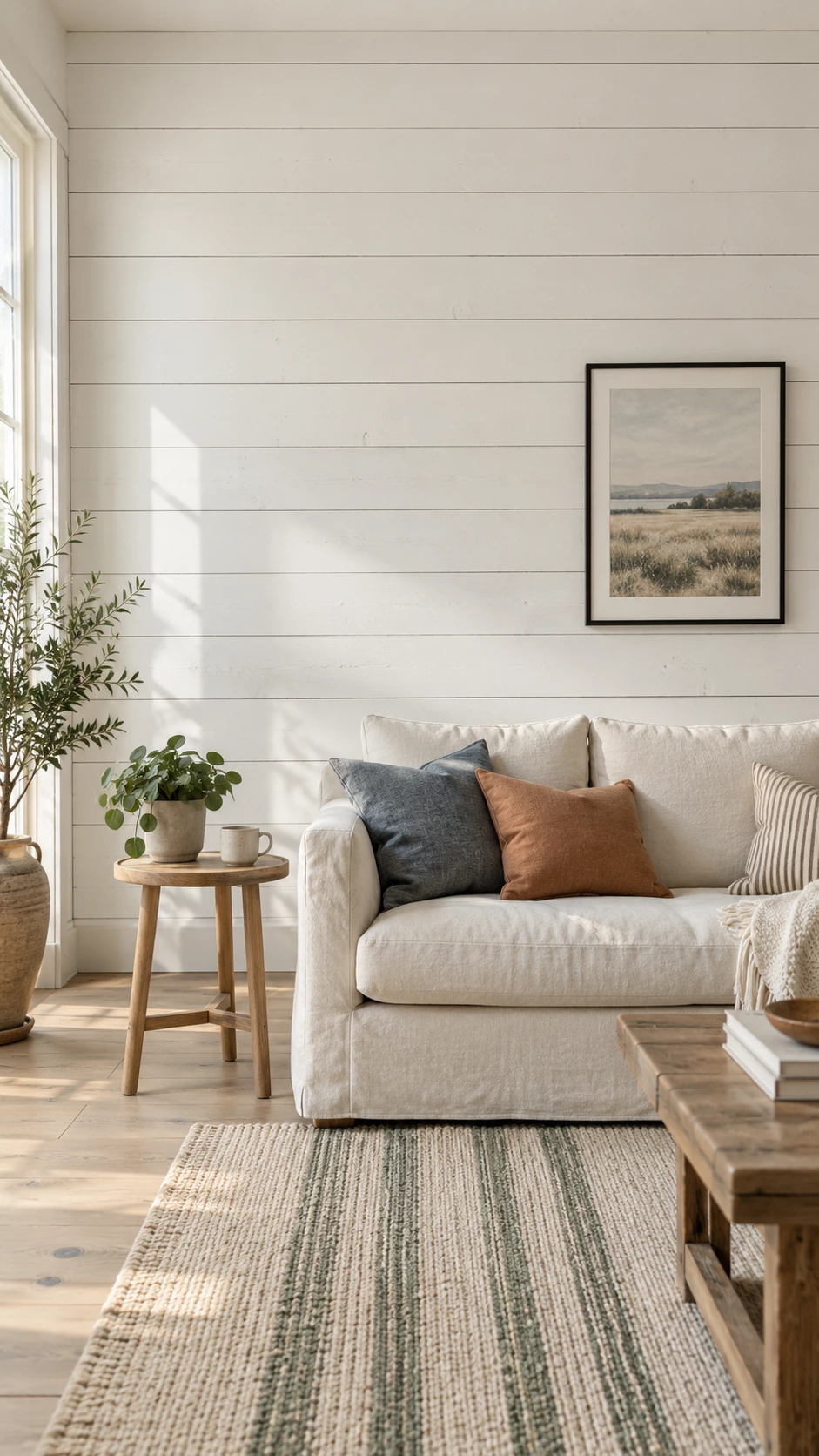 Bright living room featuring a full shiplap accent wall painted warm white, with visible plank lines and shadow gaps adding farmhouse texture and depth