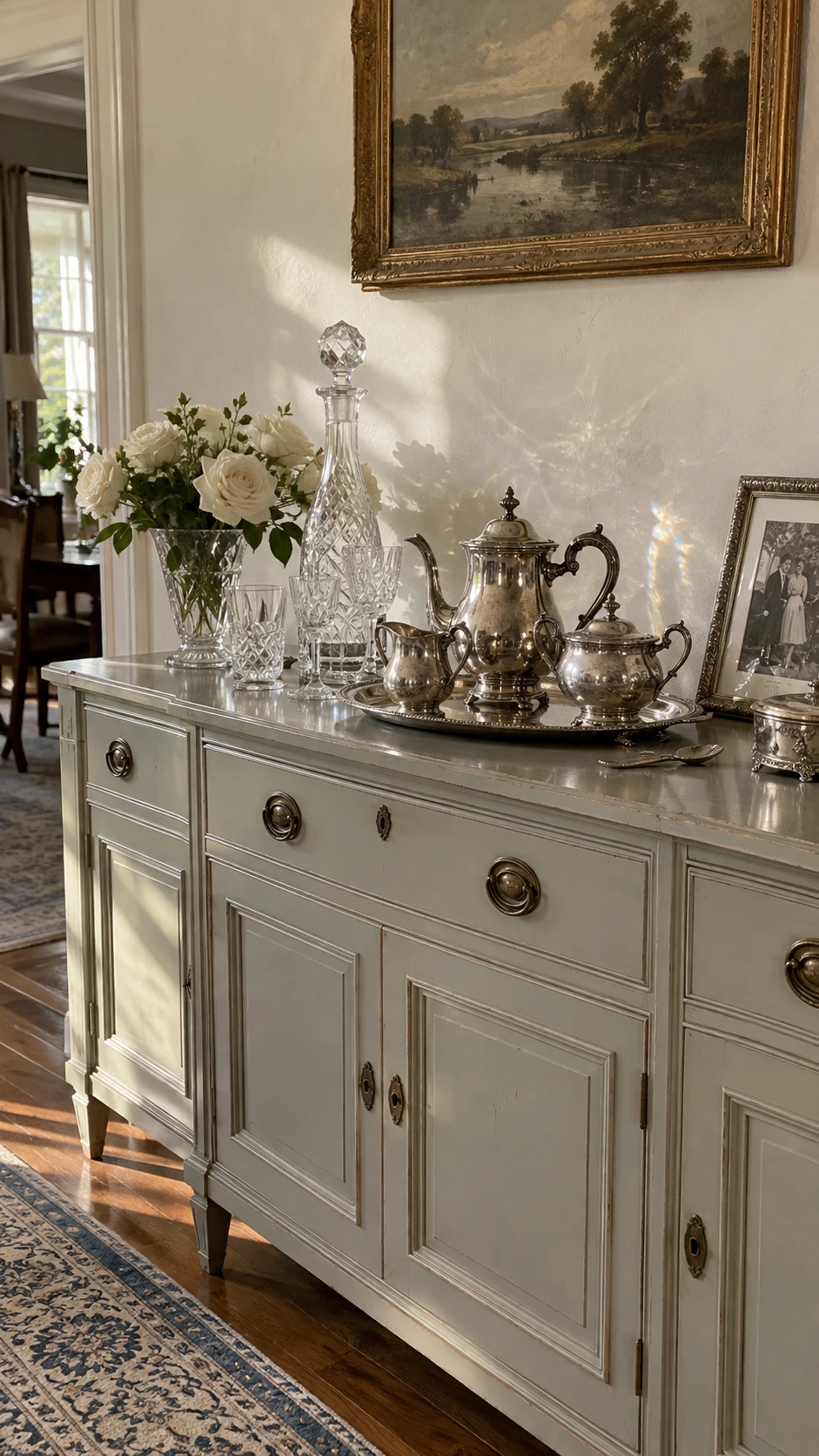 Sterling silver tea service with creamer and sugar bowl displayed on a traditional sideboard, the kind of old money decor that looks inherited not decorated