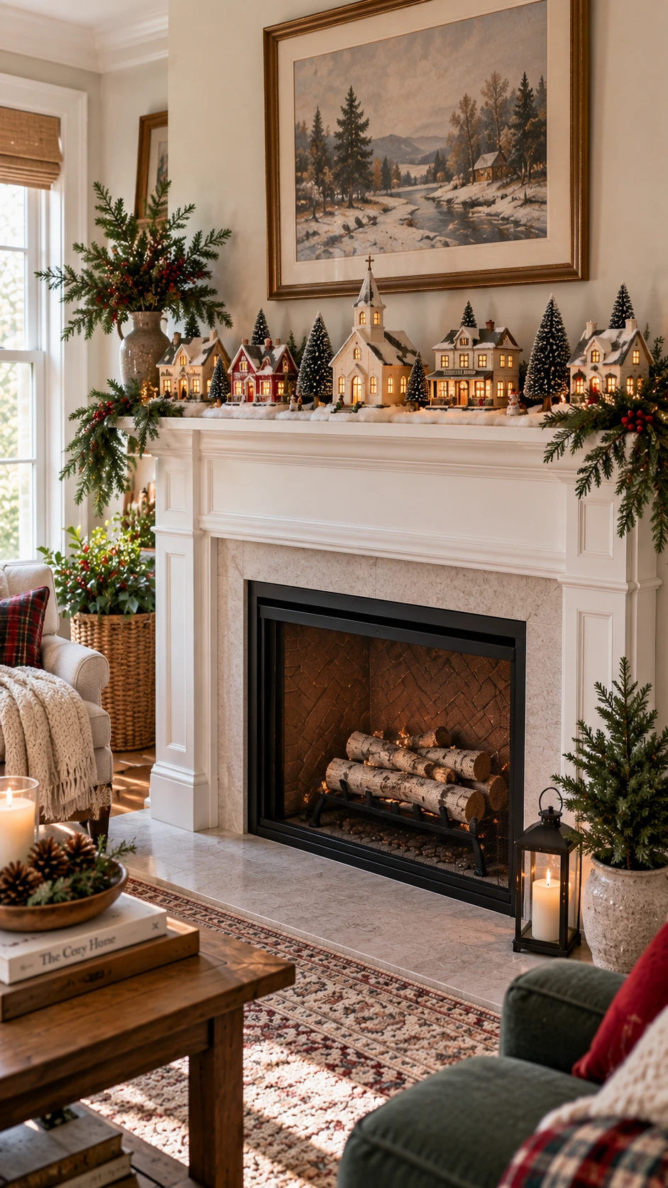Fireplace mantel styled with a miniature Christmas village scene featuring ceramic cottages, a snow-dusted church, and a lit steeple in natural daylight
