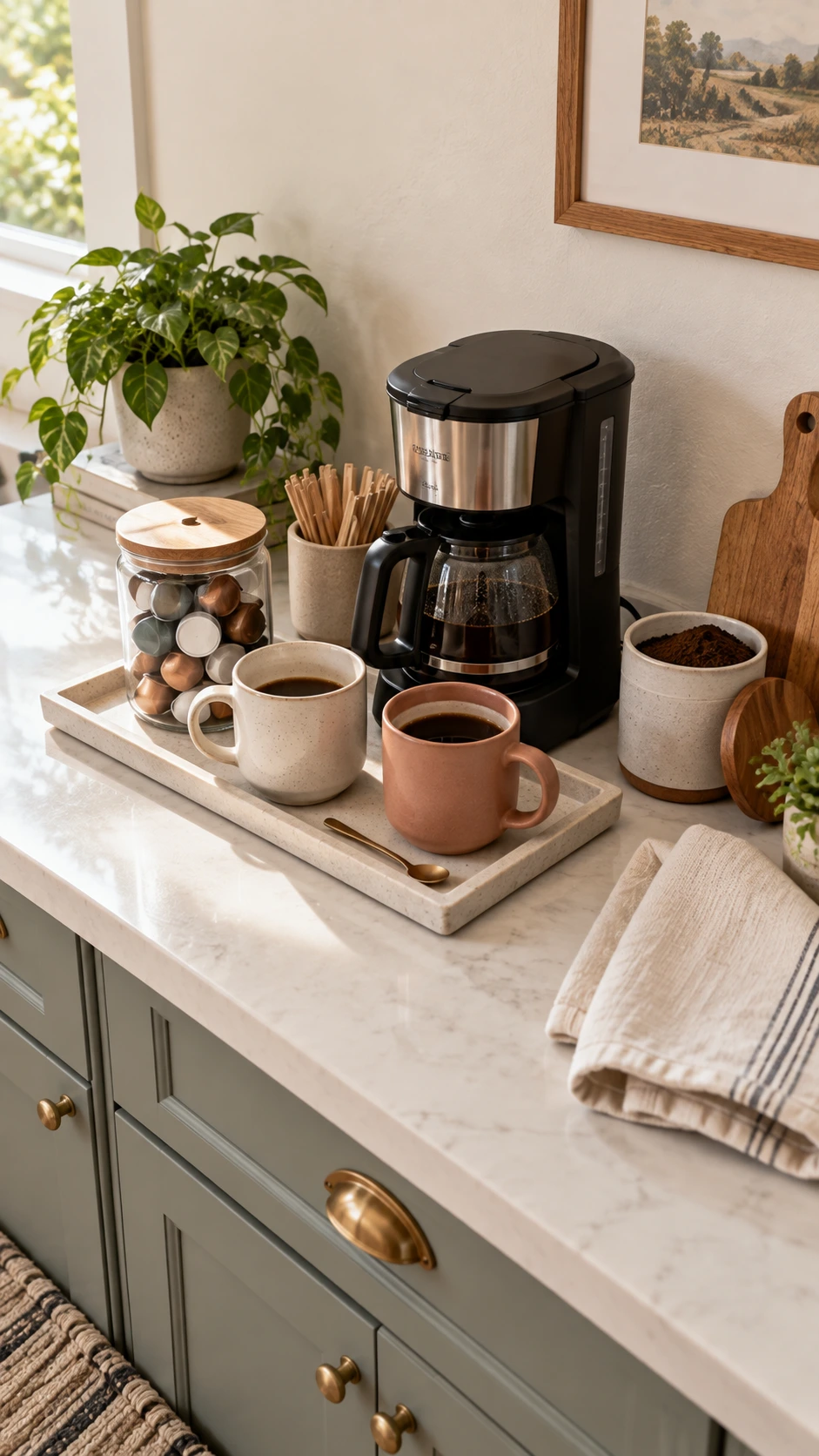 A tidy Airbnb coffee station on a sideboard featuring a French press, two mismatched white ceramic mugs on a small tray, styled for guest convenience
