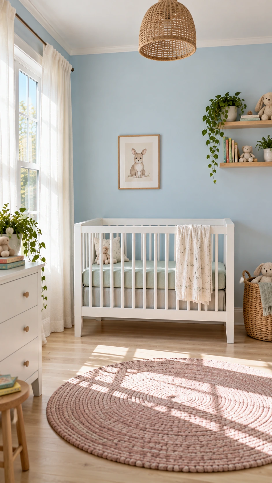 Simple white crib with clean straight lines and pale mint green fitted sheet in a softly lit minimalist nursery