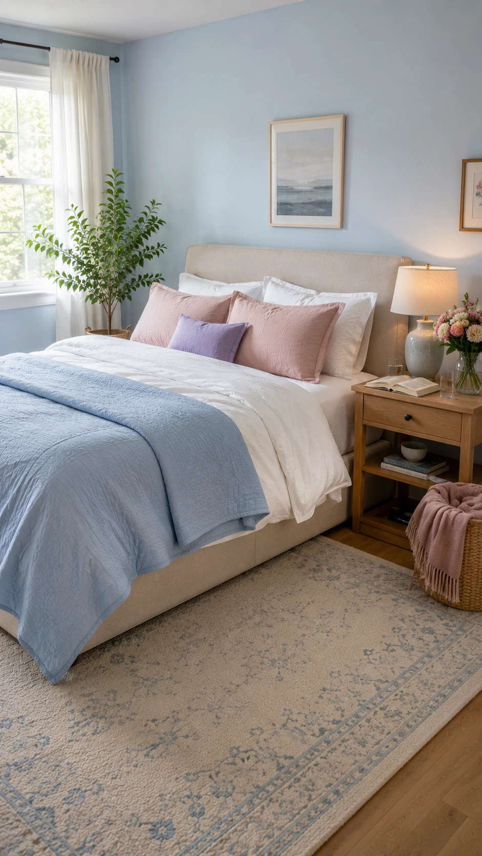 Dreamy bedroom ideas with rumpled white cotton sheets, sky-blue quilt, blush pillows, and lavender accent in a real primary bedroom