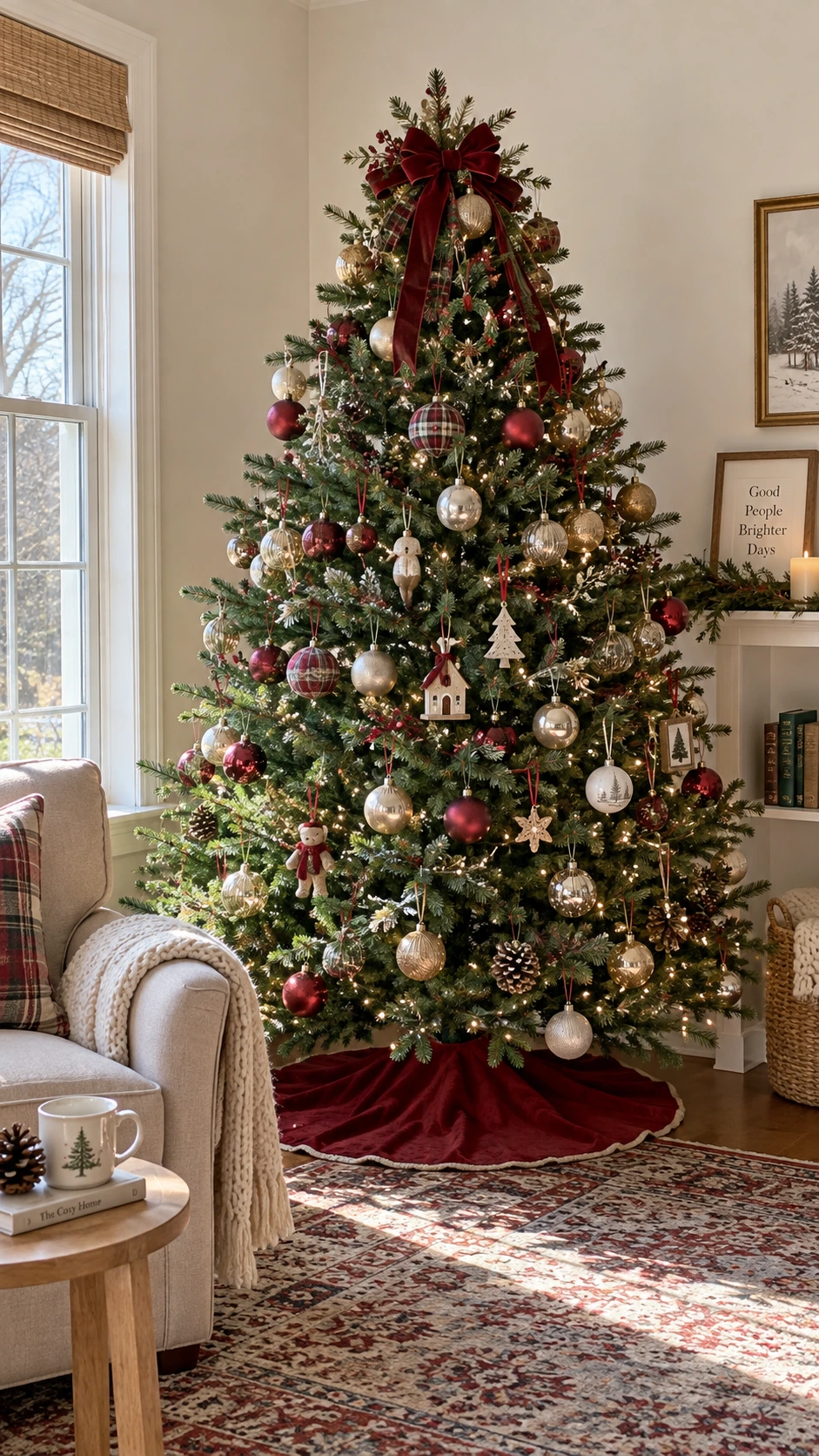 Christmas tree topped with cranberry velvet bow and clustered ornaments instead of a traditional star or angel, showing a relaxed personal styling approach