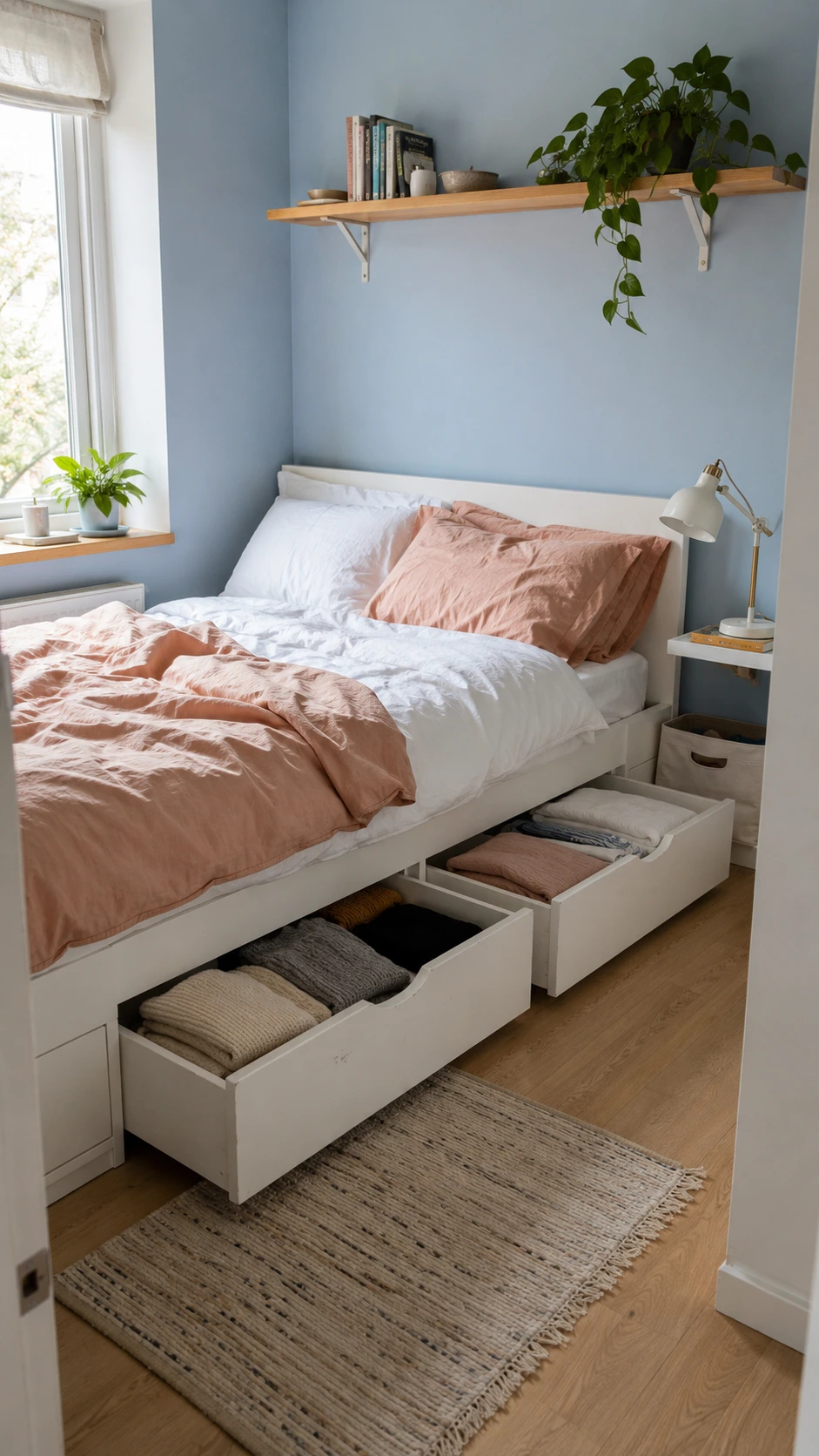 Small bedroom storage in use with a low white bed, open under-bed drawers of folded linens, and a slim shelf on a blue wall