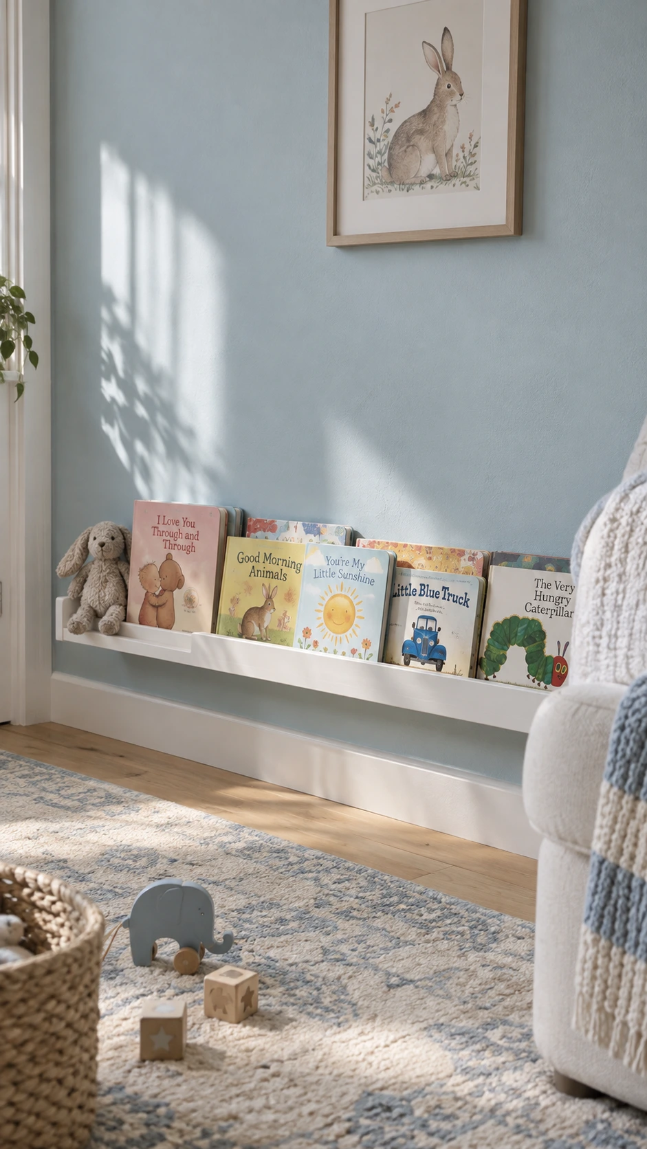 Low wooden book ledge mounted near floor level in a bright nursery corner, holding colorful face-out board books above a cream and dusty blue rug