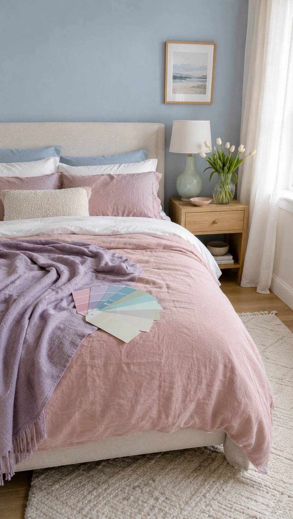 Neatly made bed against a powder-blue wall with blush duvet, lavender throw, mint lamp, and soft bedroom color palette.