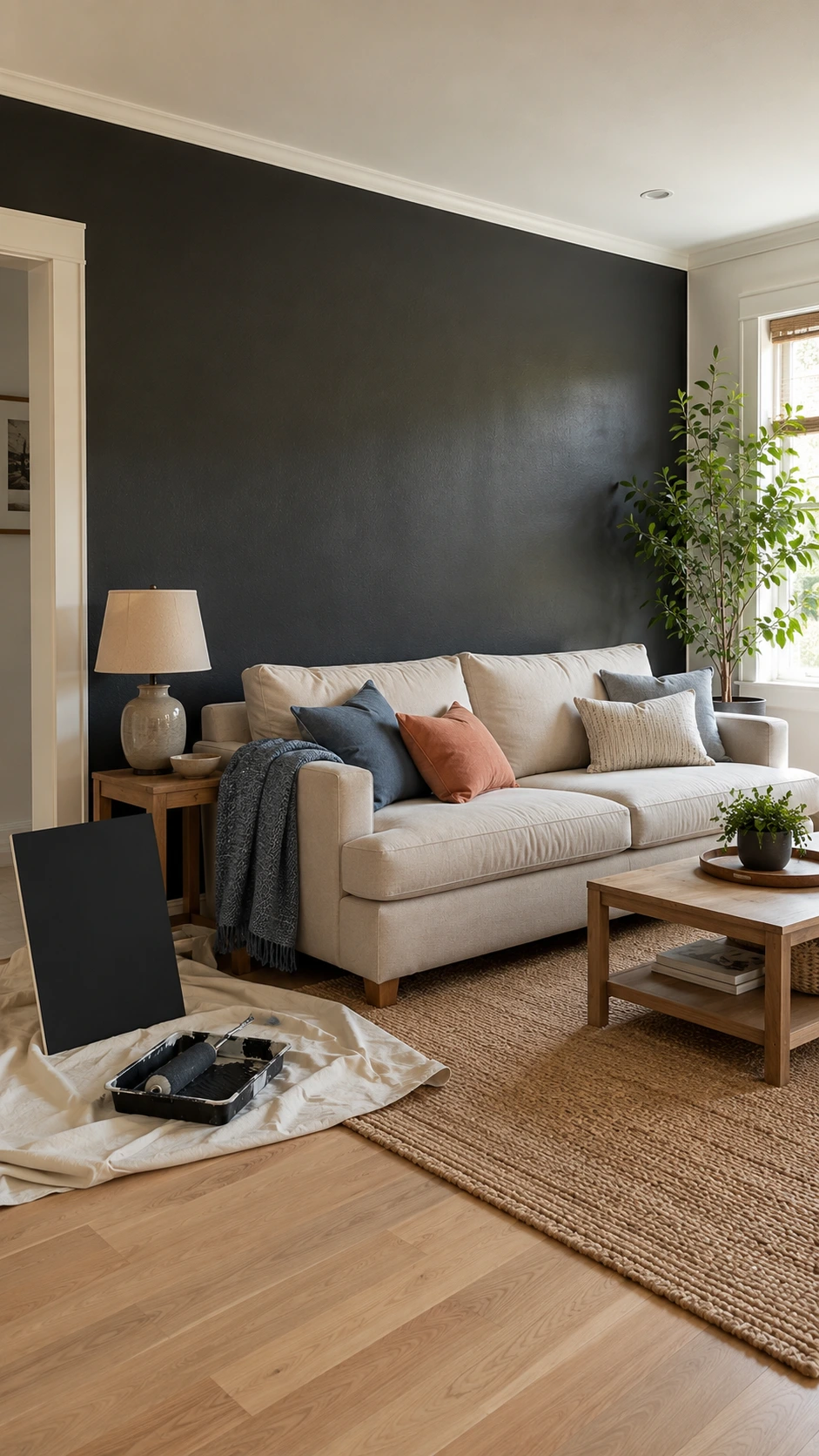 Soft charcoal wall with blue-brown warmth behind a sofa shows how black accent walls soften a room, with sample board and paint tray below.