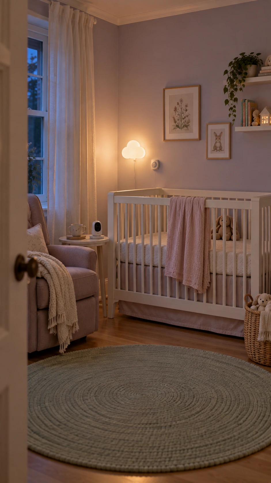 Wall-mounted cream nightlight glowing softly beside a white wood-grain crib on a lavender nursery wall, with a round dimmer switch visible nearby