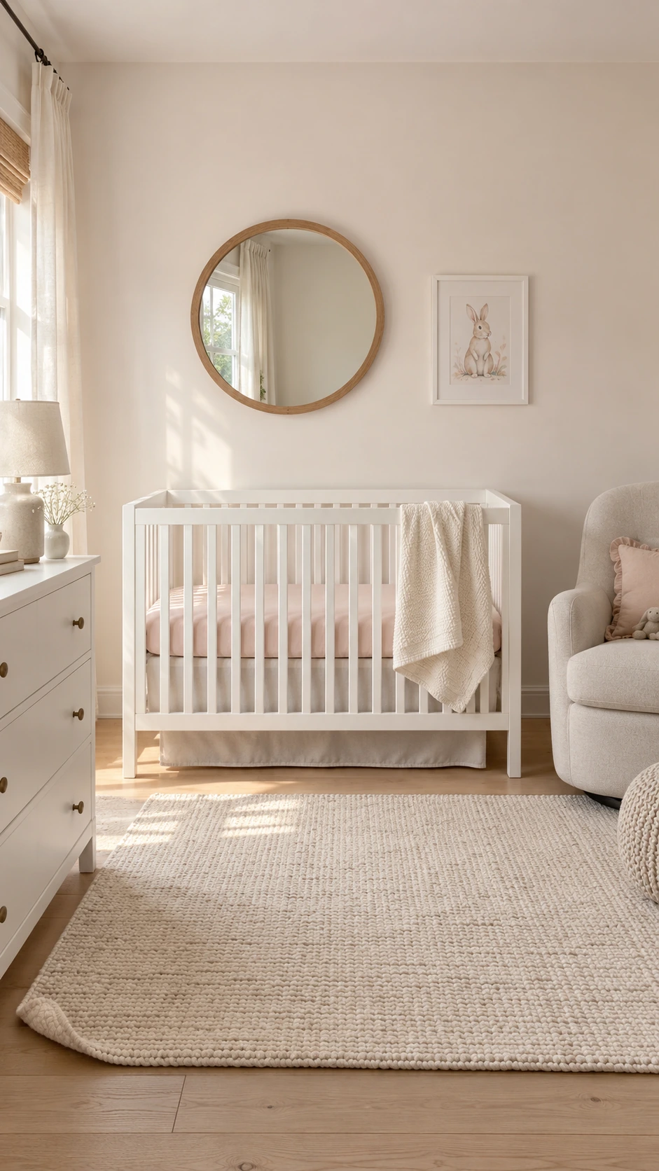 Soft warm white nursery wall with a faint blush undertone, showing a deliberate neutral paint choice that keeps the room calm, airy, and timeless