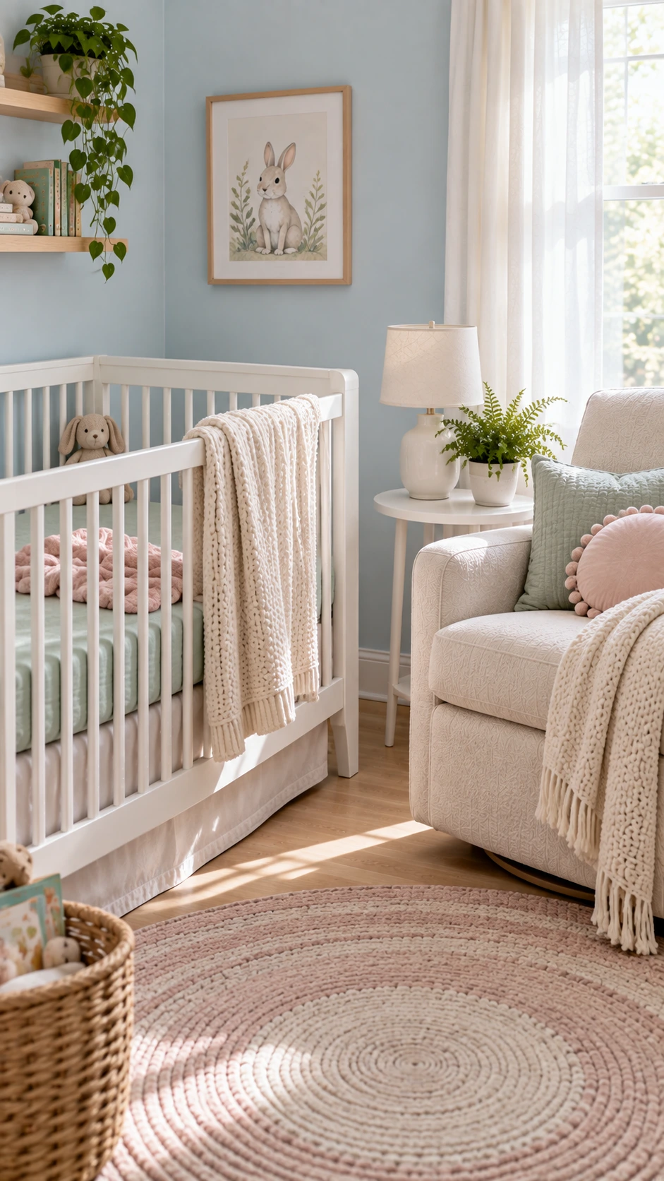 White slatted crib with mint fitted sheet, ivory knit blanket draped over rail, and blush muslin swaddle inside, styled with soft nursery textile layers in natural daylight
