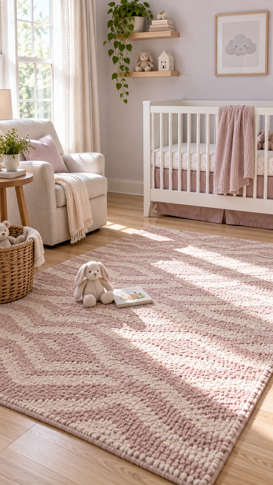 Dusty rose and ivory washable nursery rug with subtle geometric pattern spread across a bright, sunlit nursery floor