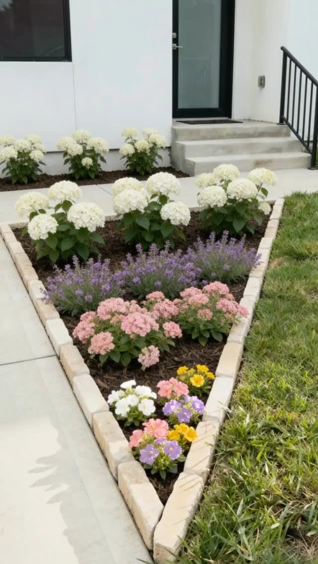 11- Soften Steps With White and Pink Blooms