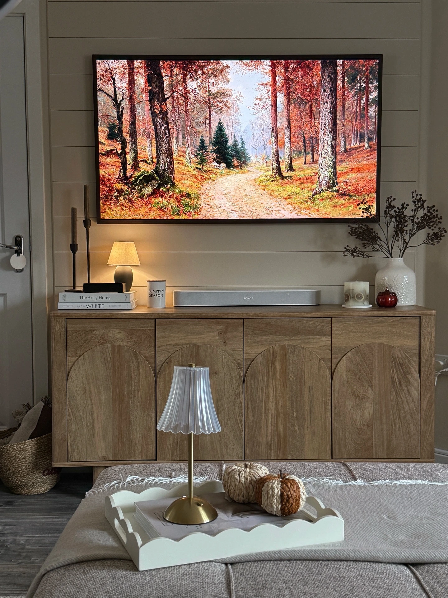 1- Soften the TV Wall with Neutral Fall Accents