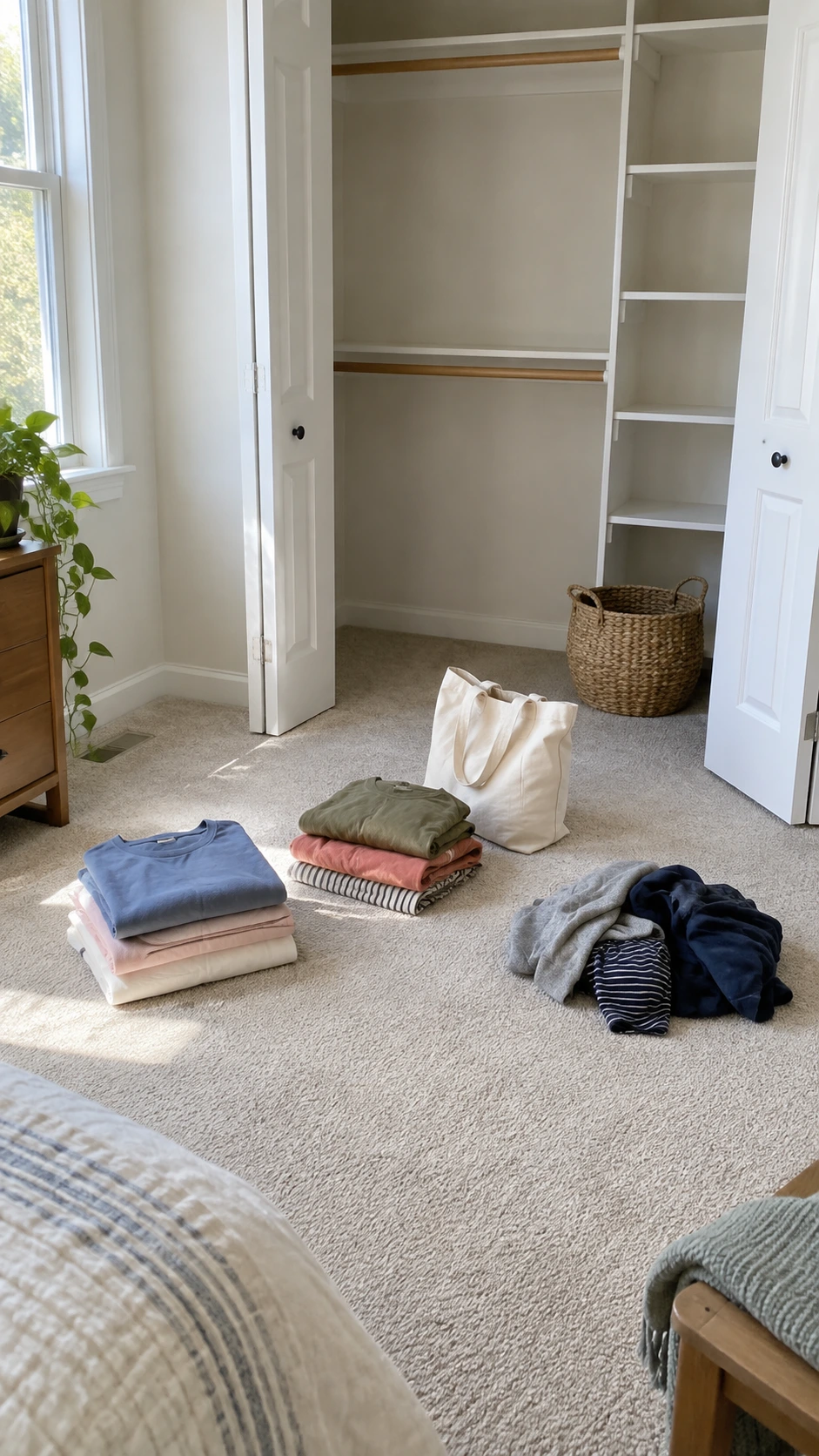 Three sorted clothing piles on bedroom carpet during closet cleanout — keep, donate, and discard — the clearest first step in closet organization