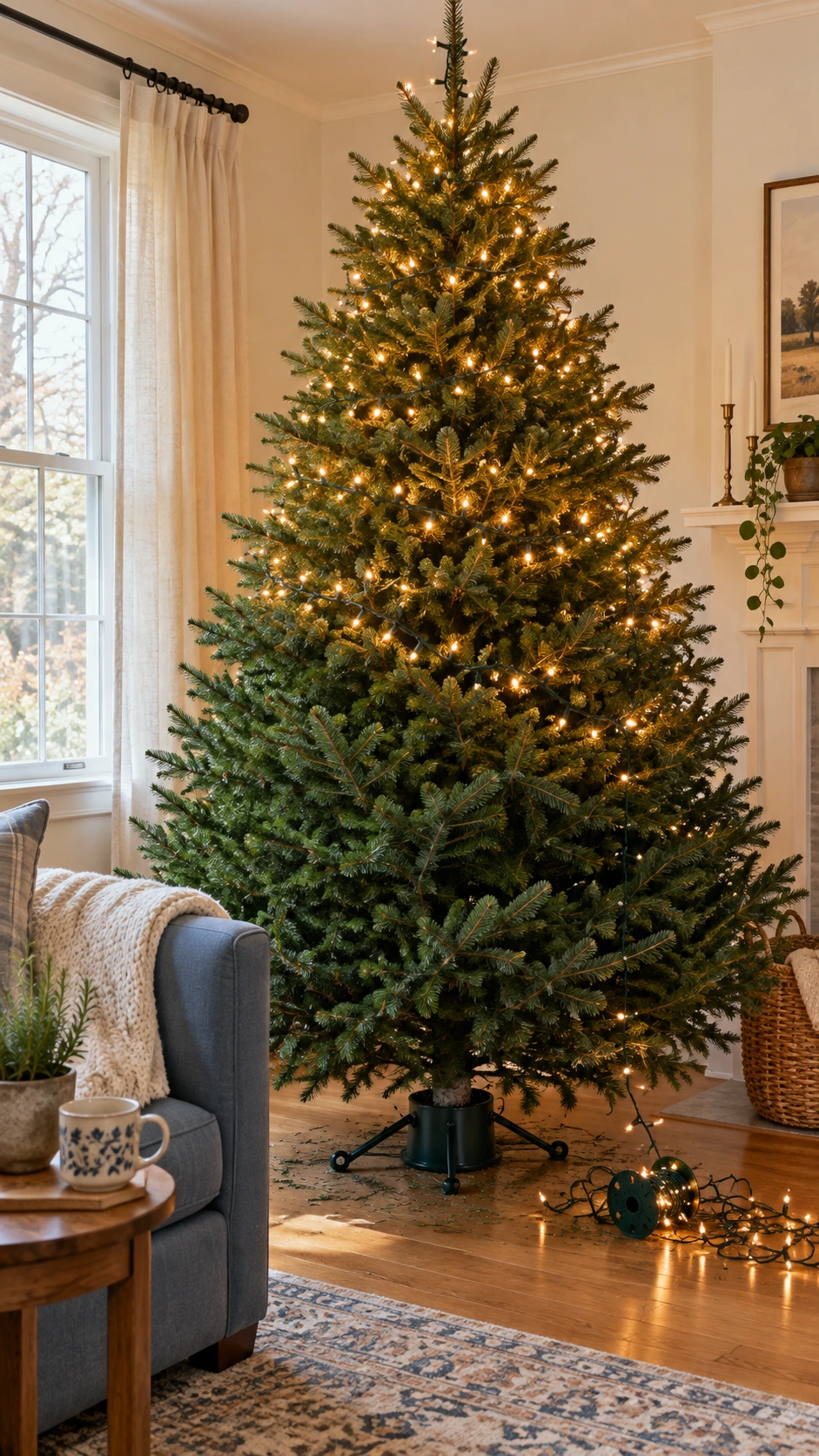 Tall fresh pine tree in living room with warm white and golden string lights being wrapped from trunk outward, mid-process with unlit lower sections still visible
