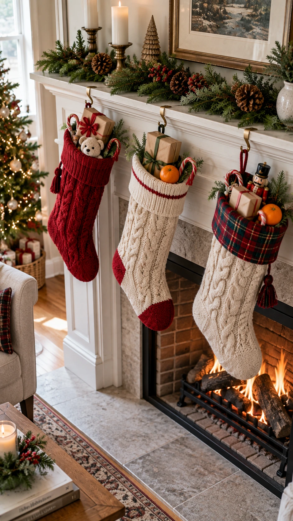 Three overstuffed Christmas stockings hanging from a fireplace mantel, visibly bulging and heavy with gifts, showing how stocking visual weight anchors holiday mantel decor