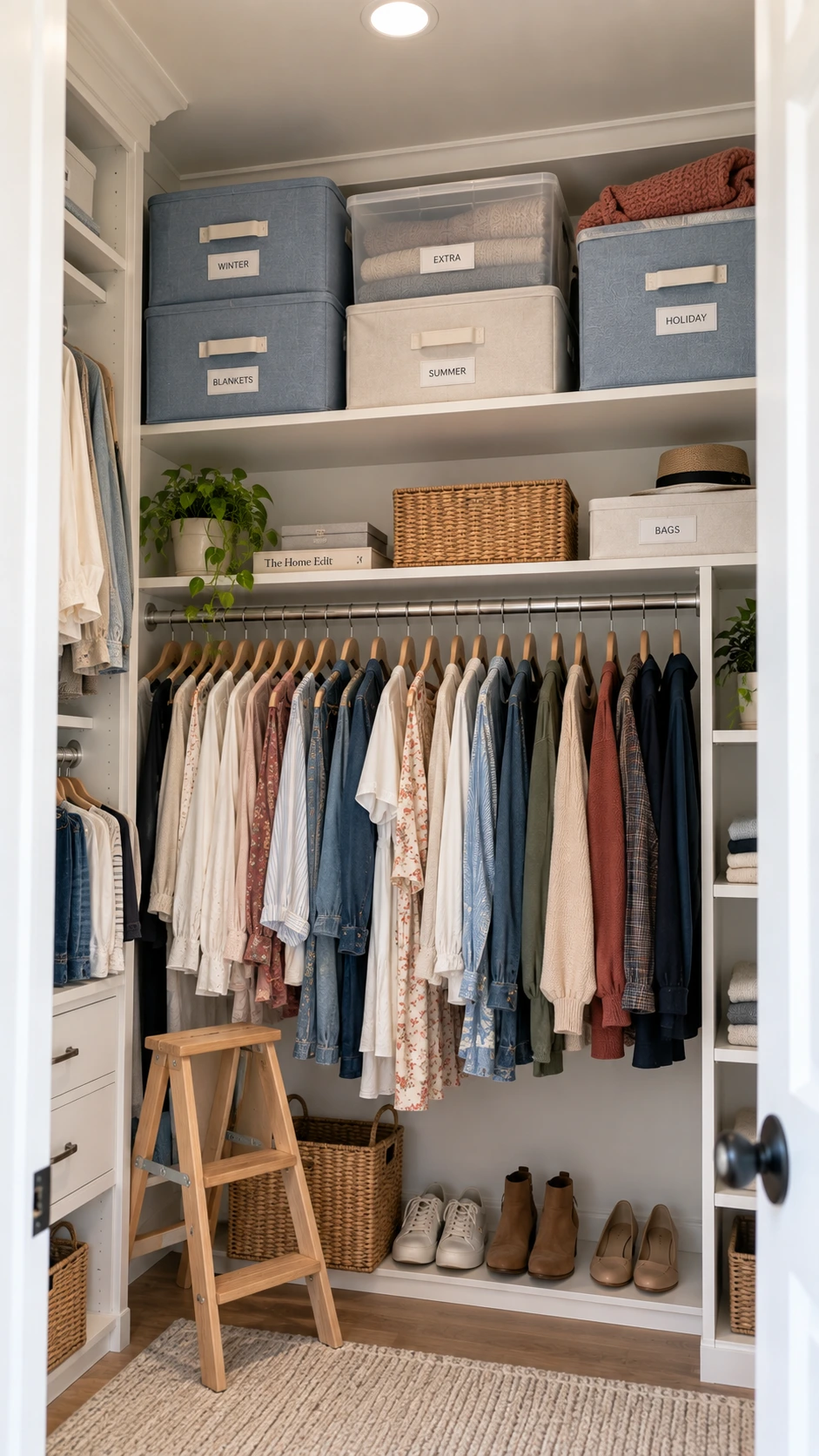 Upper closet shelf with labeled dusty blue and white fabric bins storing folded sweaters, blankets, and seasonal clothing neatly out of daily reach