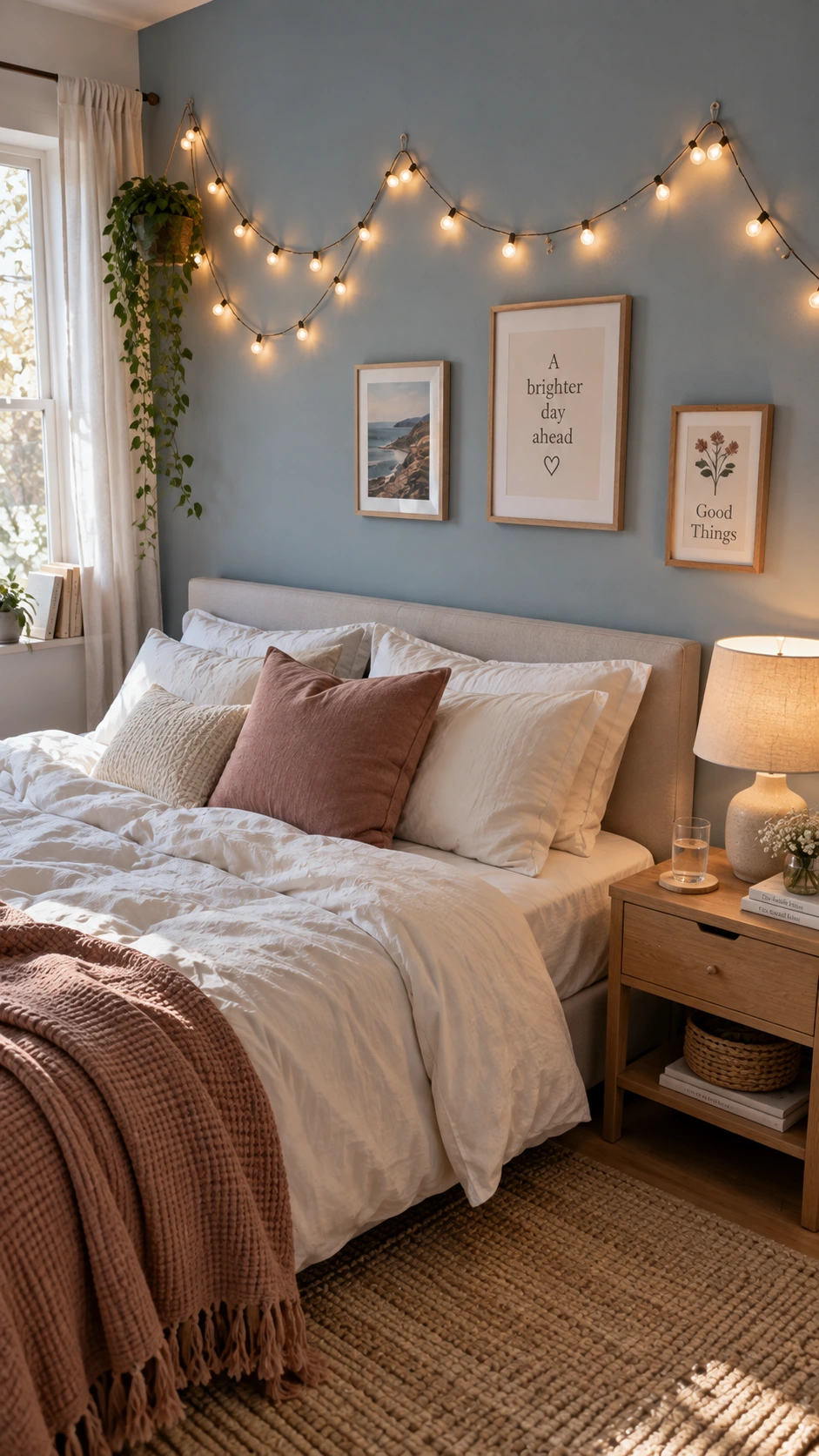 Warm white string lights draped in loose horizontal swags across a dusty blue bedroom wall, turning simple hanging decor into a soft glowing focal point