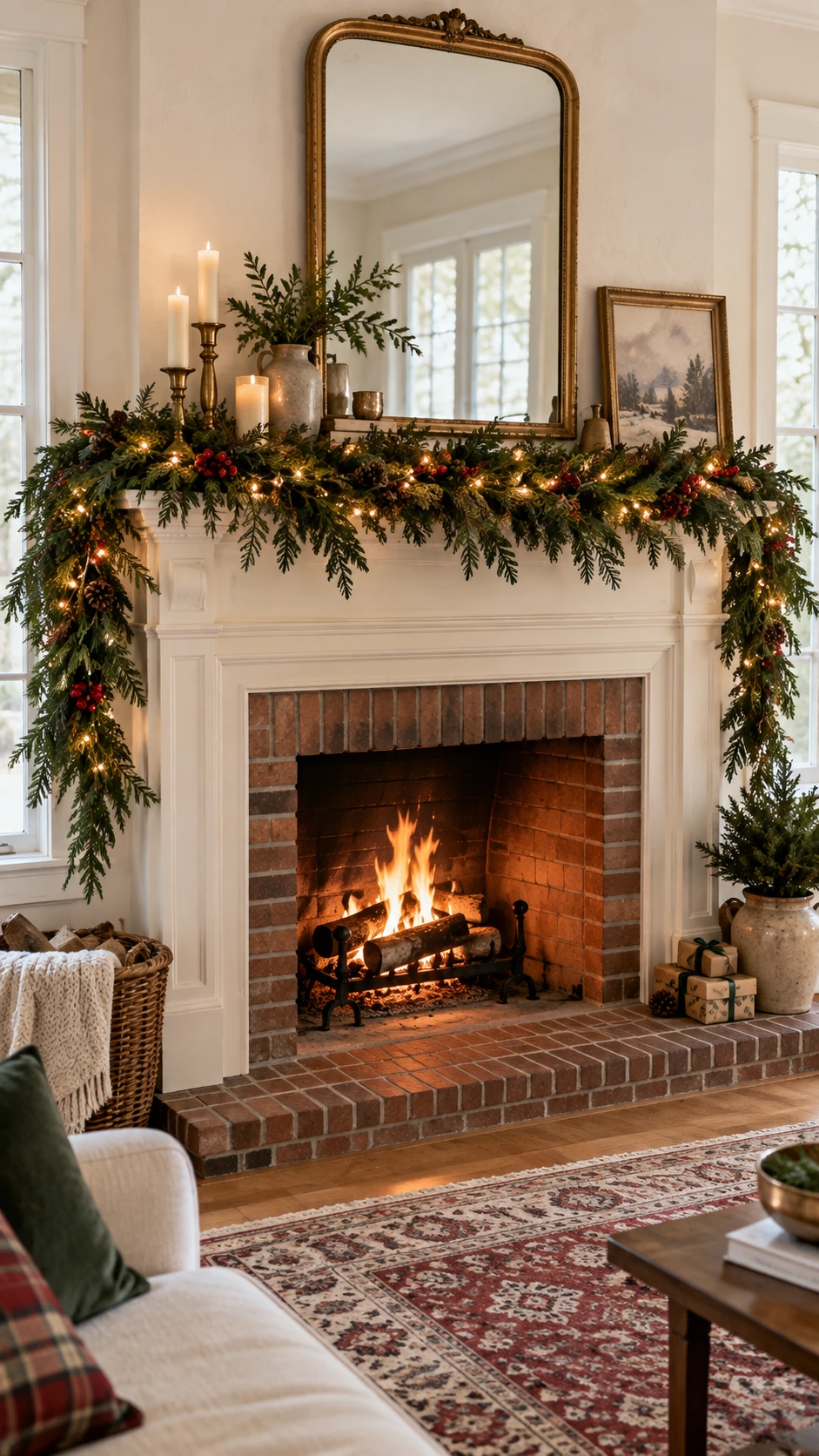 Warm white string lights woven through a lush fresh evergreen garland draped across a residential fireplace mantel, glowing softly in natural daylight
