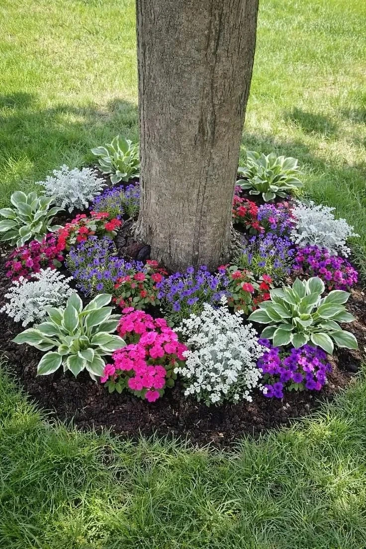 3- Surround a Tree with a Colorful Flower Bed