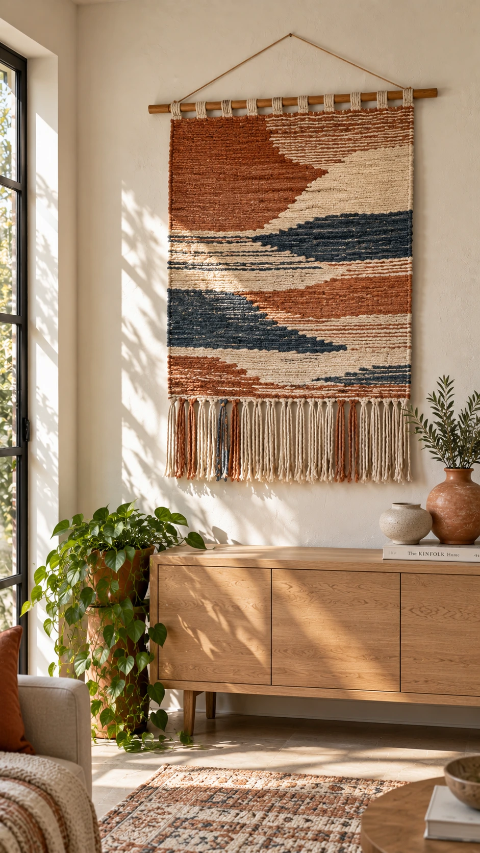 Large handwoven tapestry with abstract terracotta, rust, cream, and indigo pattern hung on warm off-white plaster wall in sunlit living room