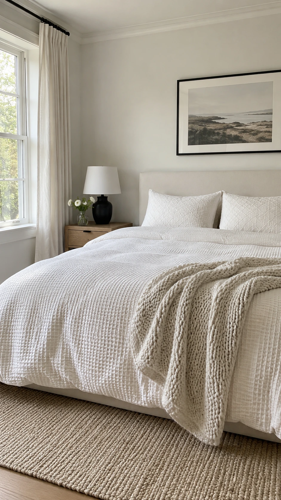 Bright bedroom with white waffle-weave duvet and diamond-patterned pillows layered in natural window light for a crisp textured bedding look