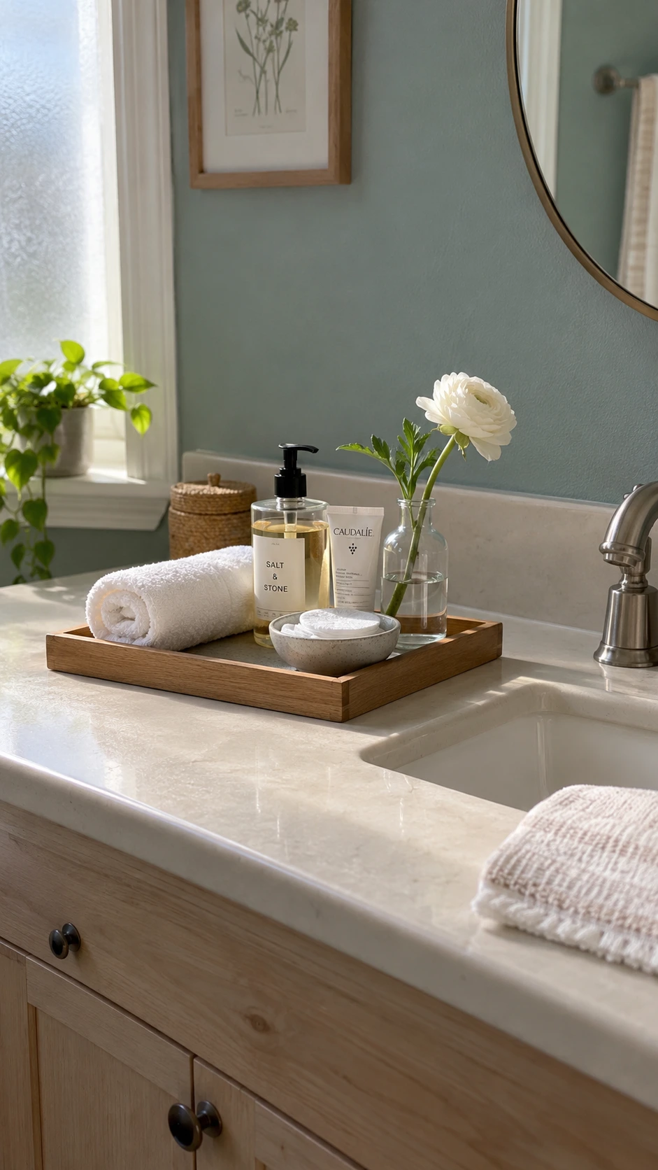 Wooden tray on white Airbnb bathroom counter holding rolled hand towel, glass soap bottle, moisturizer, and cotton rounds—simple extras that elevate the guest experience