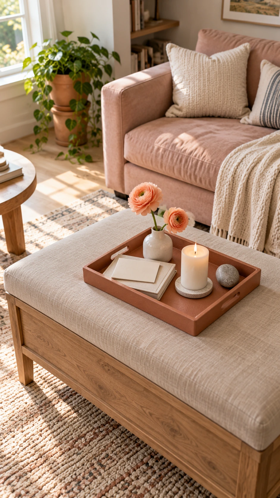 Wooden oak ottoman styled with a matte terracotta tray holding curated Airbnb guest essentials, a simple decor trick that elevates any rental living room