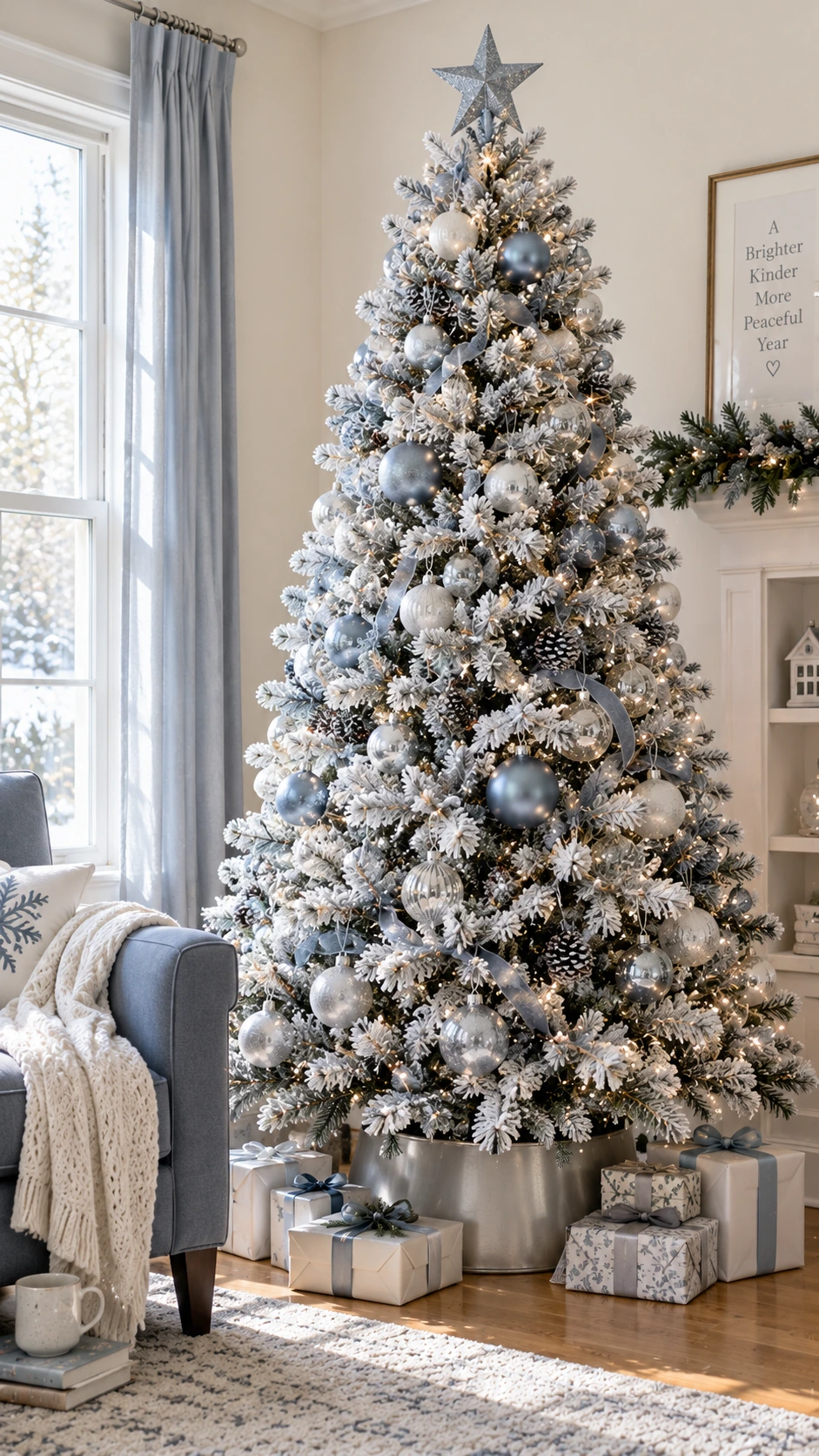 Flocked Christmas tree with white snow-coated branches styled in a bright living room corner, offering a frosted winter alternative to traditional green trees